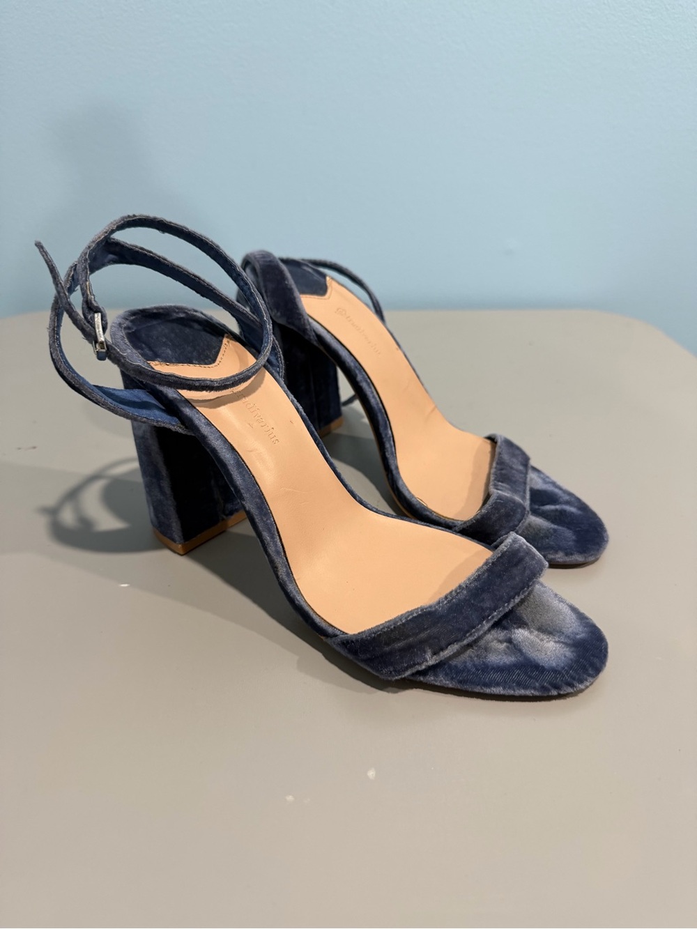 stradivarius Blue Velvet Block Heel Sandals
